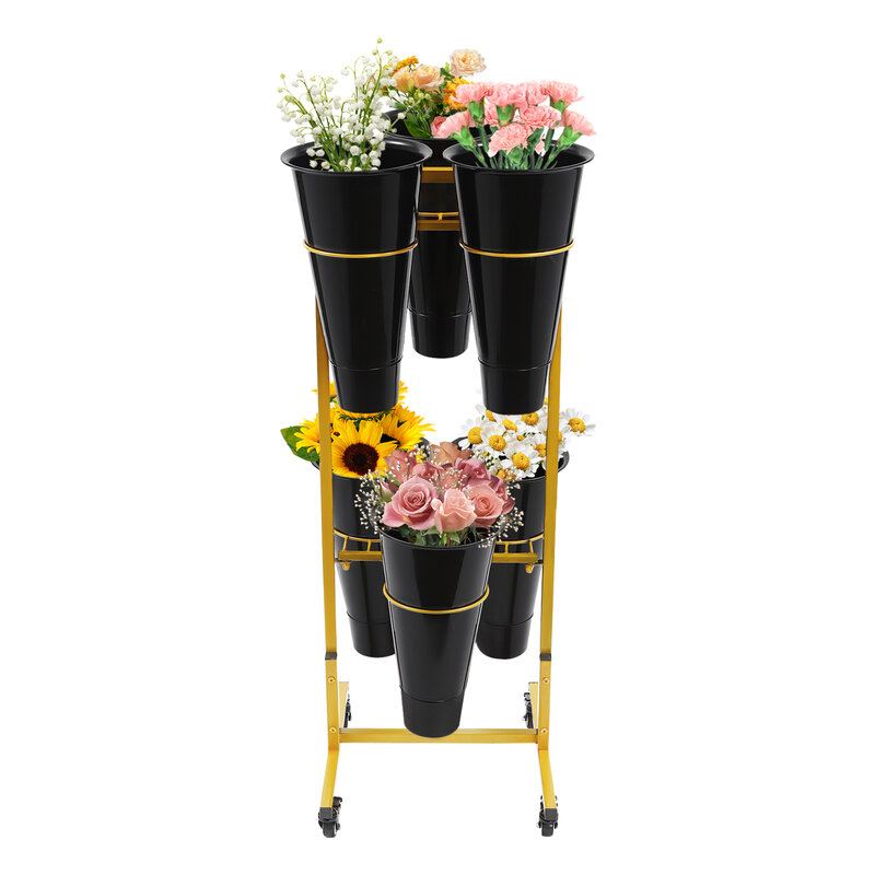 Flower Display Stand - 2-Tiers 6-Buckets Metal Plant Stand, Moving Flower Display Shelf for Home Decor Florist Display