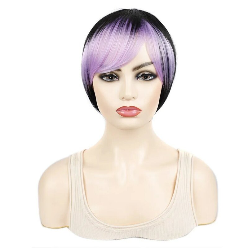 Pelucas cortas y rectas de colores con flequillo oblicuo, peluca sintética para mujer, Cosplay