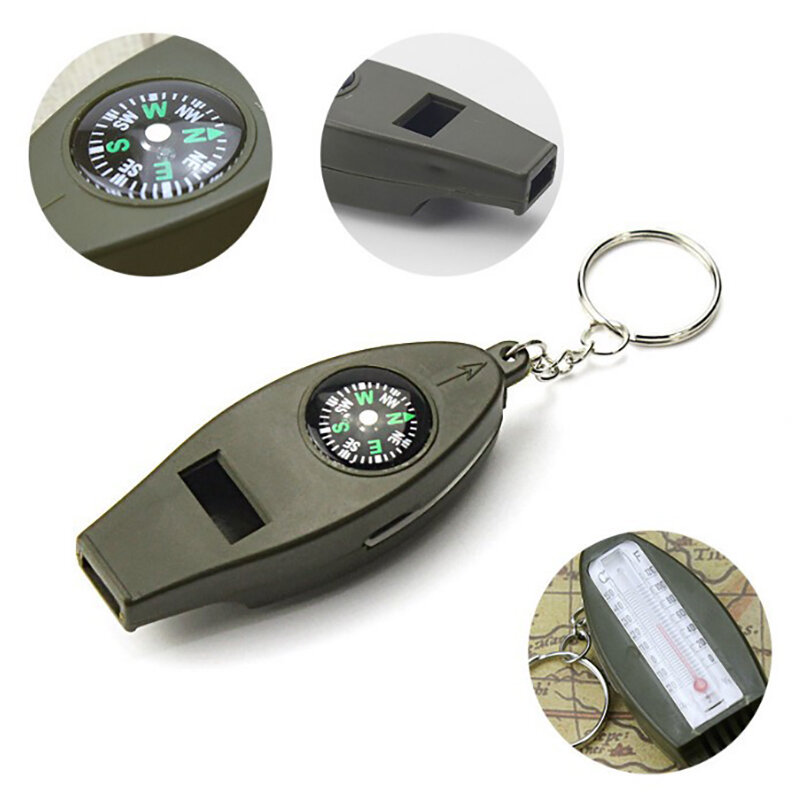 Black 4in1 Mini Survival Tool Thermometer Whistle Compass Ourdoor Camping Hiking Rescue Tools Whistle
