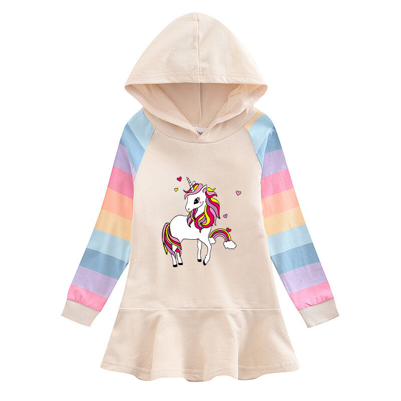 2024 Spring Autumn New Girls Dress stripe Cartoon unicorn Girls Dress Children's Long Sleeve Hooded Sweater Princess Dress2-8Y