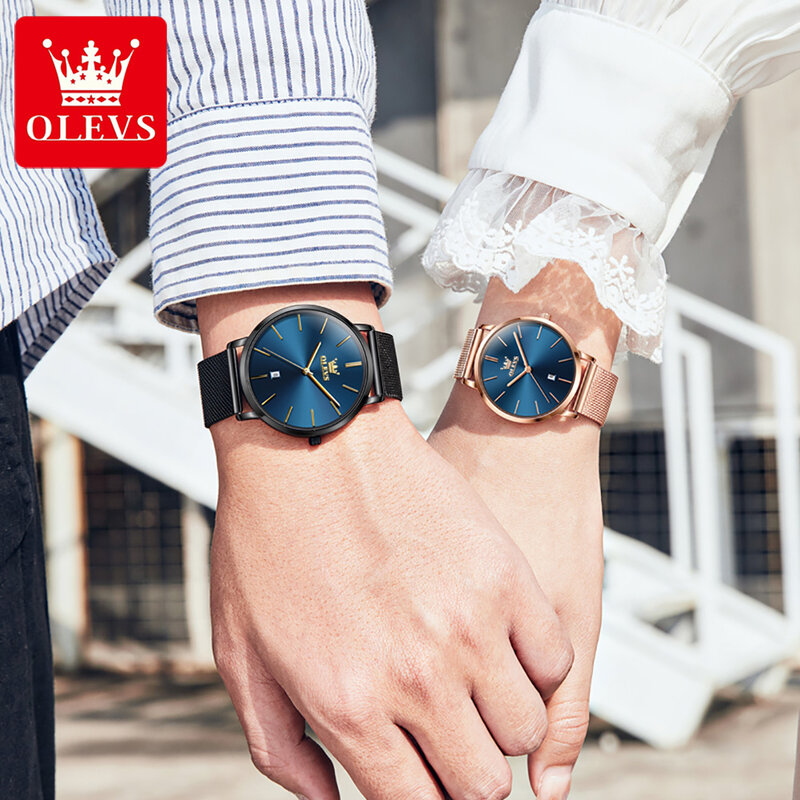 OLEVS 남성용 커플 시계, 쿼츠 손목 시계, 초박형 다이얼, 방수 스테인레스 스틸 메쉬 벨트, 패션 시계