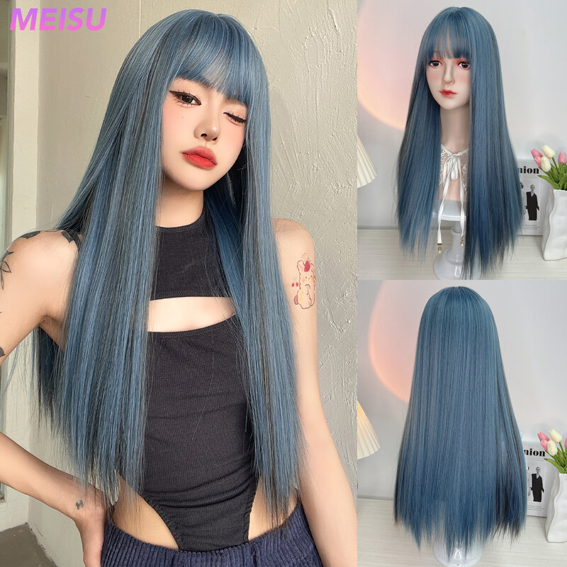MEISU Blue Gray Wigs Air Bangs 24 Inch Straight Fiber Synthetic Wigs Heat-resistant Natural Party or Selfie For Women Daily Use