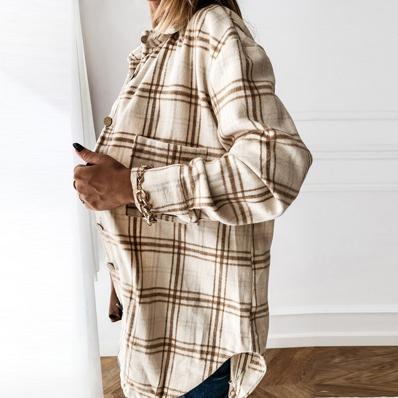 여성용 루즈한 가디건 라펠 셔츠, 중간 길이 격자 무늬 재킷, 캐주얼 8511394