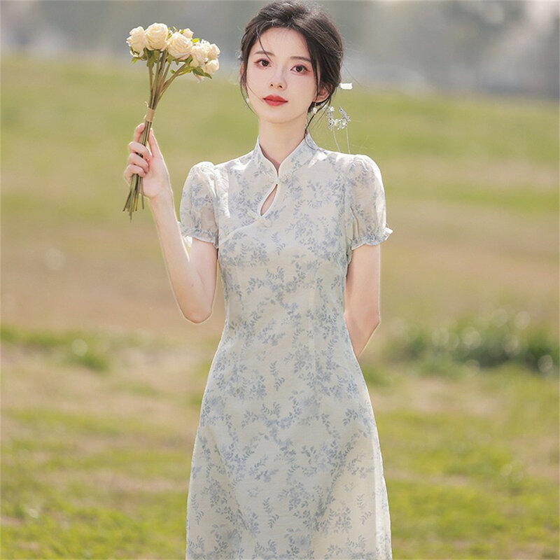 Cheongsam jacquard tradicional chinês para mulheres, jovem garota, vestido de qipao, curto, tradicional, high-end, verão, novo