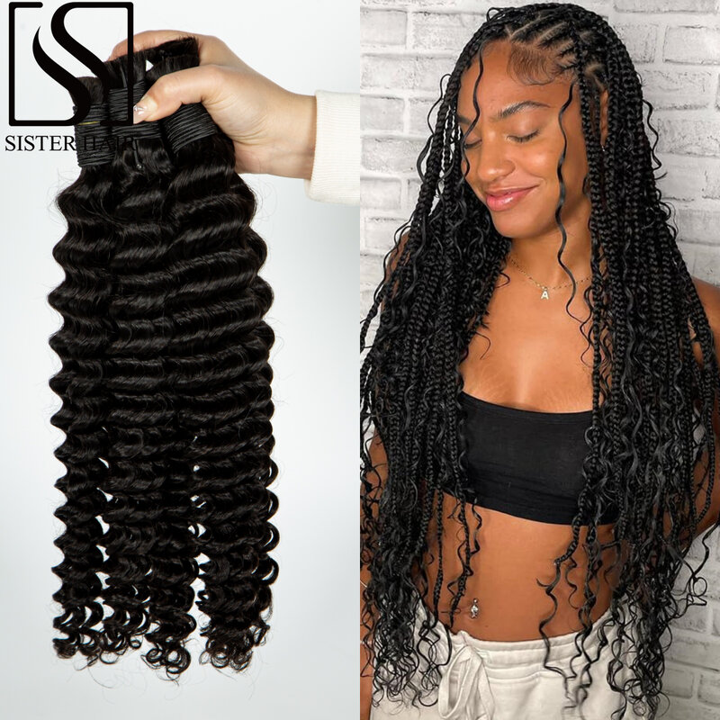 Natural 28 Inches 100% Human Hair Deep Wave Bulk for Black Woman No Weft Brazilian Virgin Hair Bundle For Boho Braids Extensions