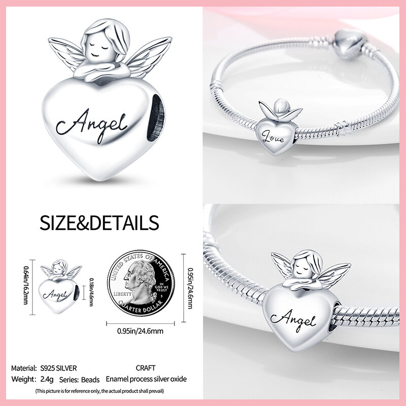 Breloques d'ange en argent regardé 925 véritable pour femme, série cœur, perles adaptées aux bracelets originaux Pandora, cadeaux d'anniversaire, bijoux à bricoler soi-même