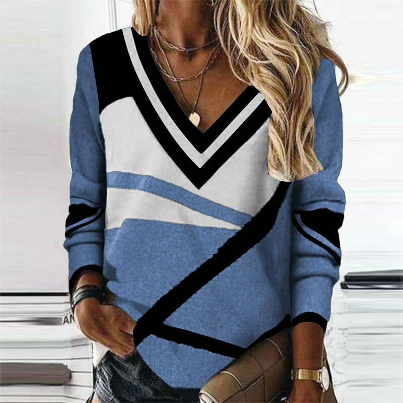 Suéteres estampados geométricos de manga comprida com decote em v feminino, roupas femininas, reto, solto, reto, moda casual, novo, 2023