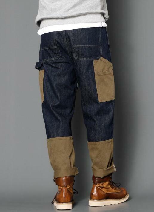 Calça jeans de perna reta solta macia masculina, calça americana multi bolso com retalho, outono e inverno