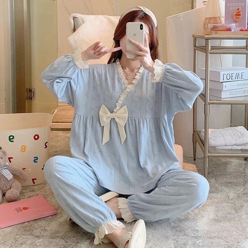 Women's pajamas suit pullover V-neck bow solid color imitation cotton simple casual two-piece spring sweet pajamas home clothes