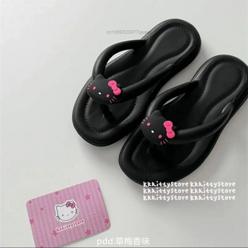 Chinelos rosa Sanrio Hello Kitty para mulheres, chinelos de desenho animado, sapatos casuais de fundo plano, outwear de praia, verão, novo, fofo