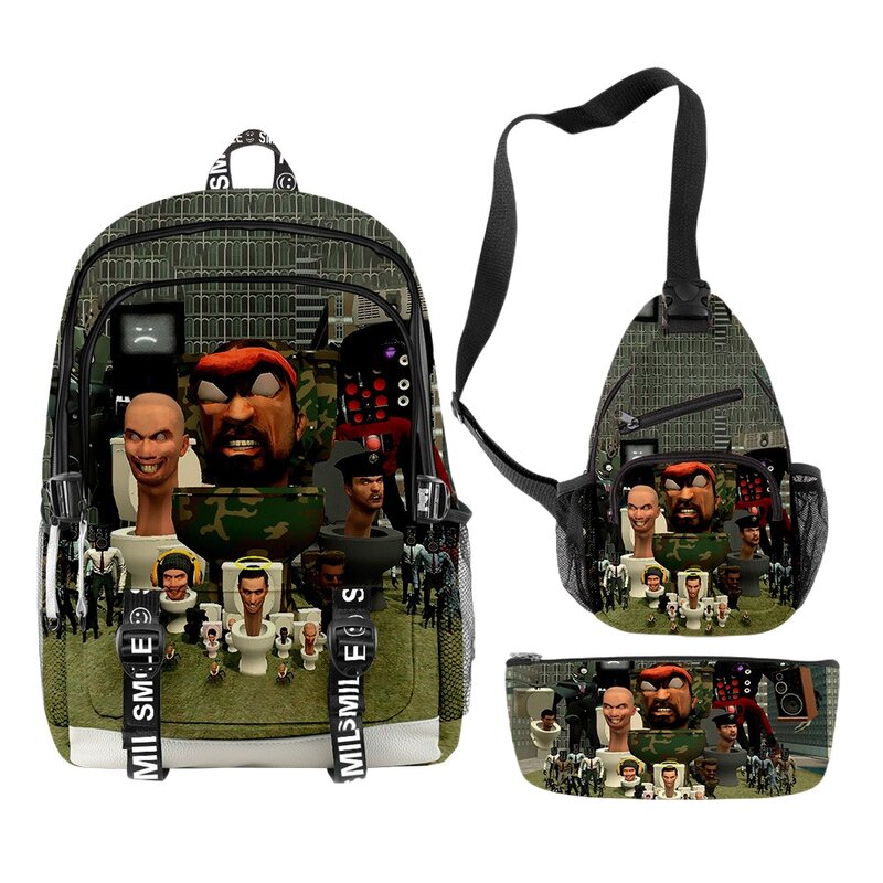 Skibidi Toilet Cartoon Backpacks Oxford Cloth Daypacks 3 Pieces Sets Zipper Rucksack Shoulder Bag Pencil Bag