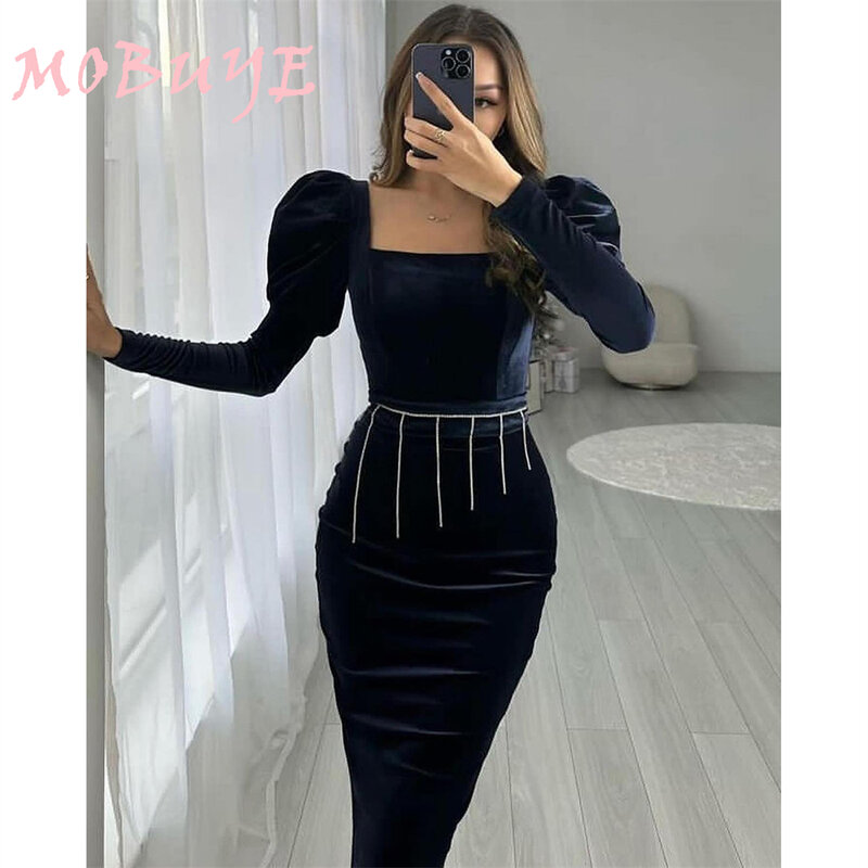 MOBUYE 2024 Popular Square Neckline Prom Dress Ankle-Length With Long Sleeves Evening Fashion Elegant Party Dress For Women