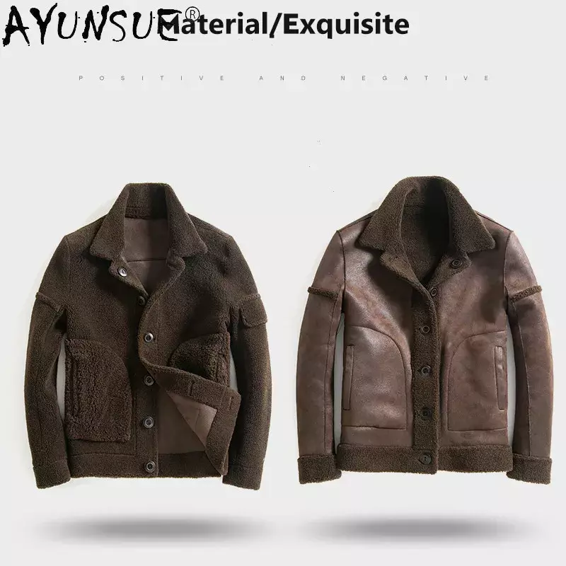 AYUNSUN Winter Men Jacket  Real Sheep Shearing Wool Leather Jacket Male 5XL Clothes Double-sided Wear Coat Ropa Hombre LXR352