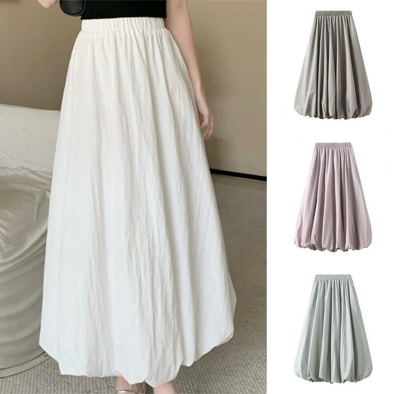 Pleated Skirt Elastic High Waist Bubble Maxi Skirt with Ankle-length Lantern Design Solid Color A-line Streetwear for Spring