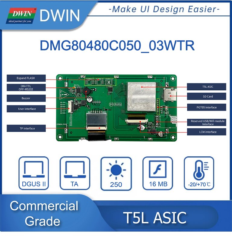 DWIN-Módulo de exibição LCD inteligente, tela resistiva ou capacitiva, HMI, DMG80480C050 _ 03W, 5 polegadas, 800*480
