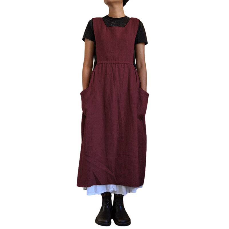 Langes Kleid Kleid quadratischen Kragen für Frauen M-3XL einfarbigen Baumwolle Leinen Baumwolle Leinen lose hohe Qualität nagelneu