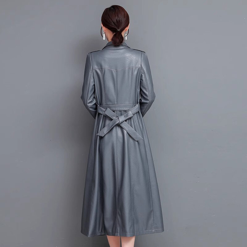 New Women Long Leather Coat Spring Autumn Fashion Casual Stand Collar Single Breasted Slim Trench Coat Split Leather Outerwear