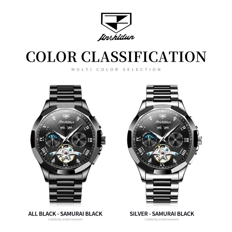 JSDUN 8949 hadiah jam tangan mekanis Fashion gelang jam baja tahan karat tampilan minggu dial bulat bercahaya tampilan tahun kedua kecil