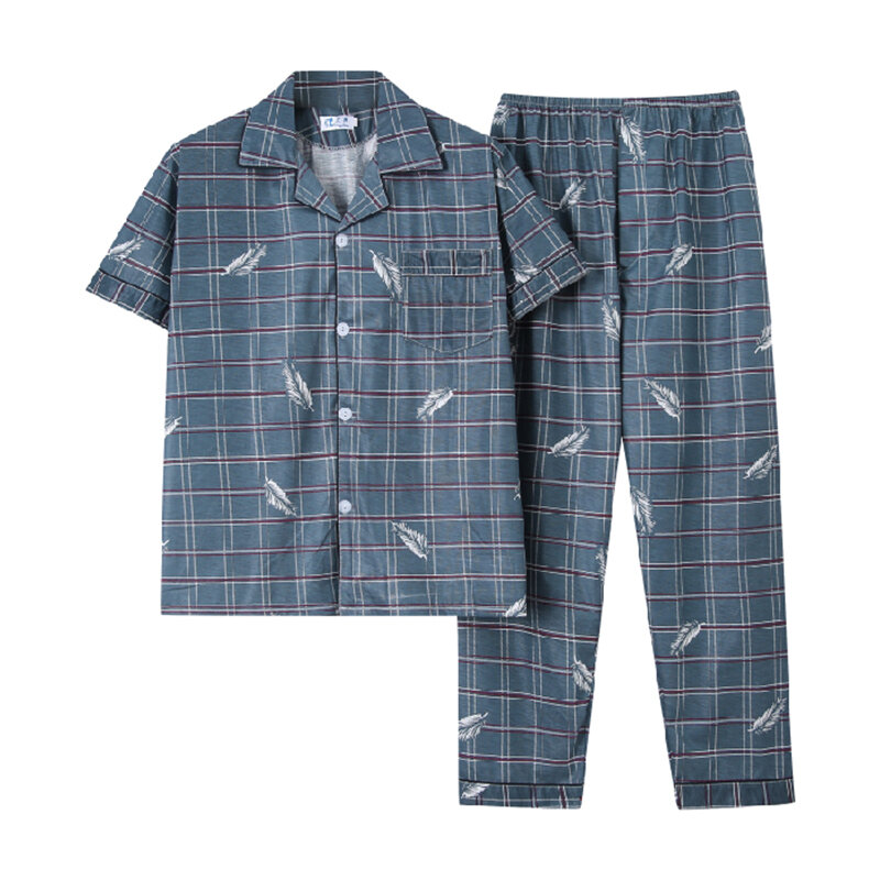 新しい夏ニット綿のパジャマの男性の部屋着スーツお父さん半袖ズボンプラスサイズのパジャマ4XLチェック柄部屋着