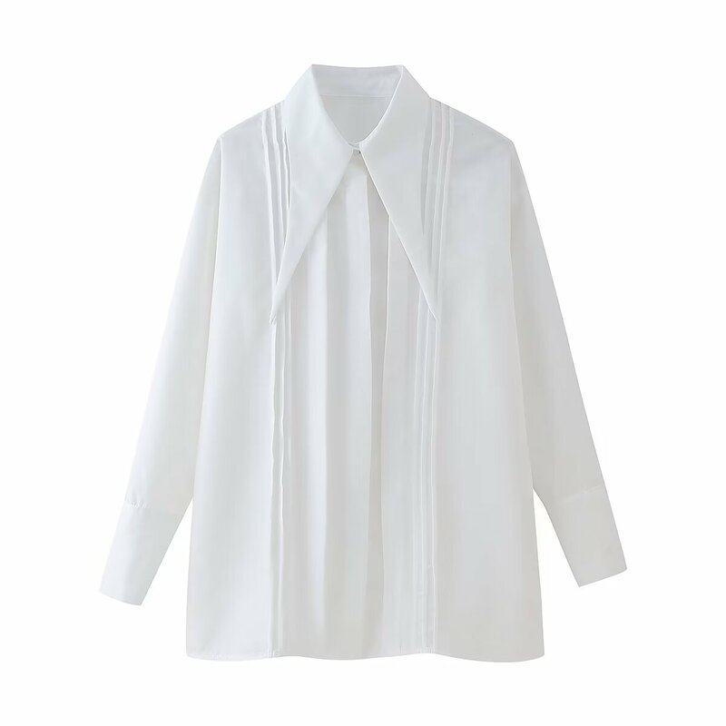Women's new fashion large lapel design loose basic style white pleated shirt retro long sleeved Button up women's shirt Chic top