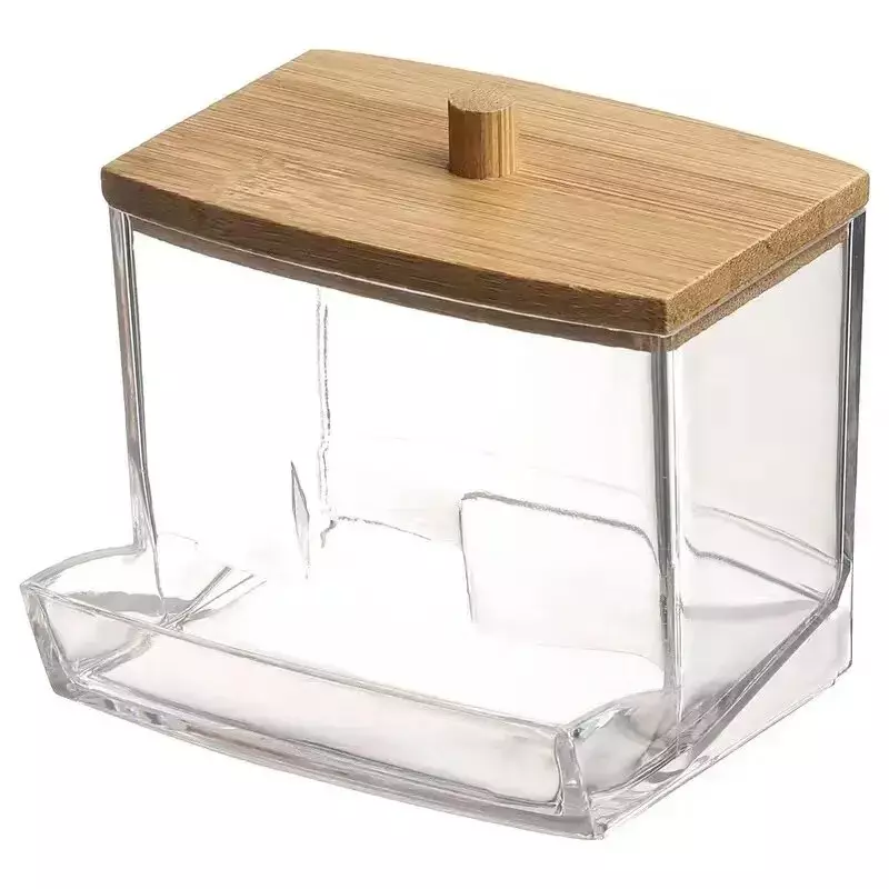 Kotak kapas penutup bambu transparan, kotak penyimpanan Tusuk gigi, katun tahan debu, Dispenser terlihat dengan kapas
