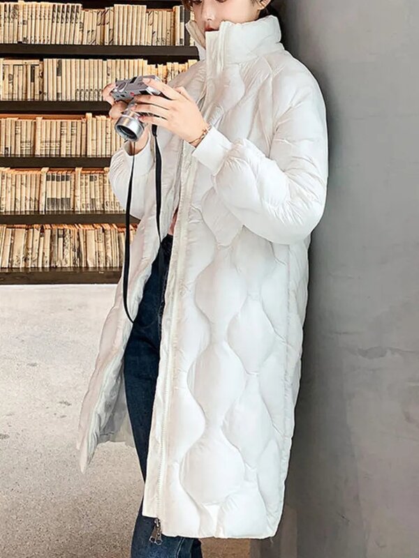 Jaqueta de algodão para mulheres, parka de comprimento médio, gola em pé, casaco acolchoado casual, neve quente, rosto brilhante coreano, novo, inverno, 2023