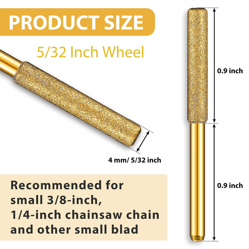 Gold Diamond Coated Cylindrical Burr 4-5.5mm Chainsaw Sharpener Stone File Chain Saw Sharpening Carving Grinding Power Tools Kit