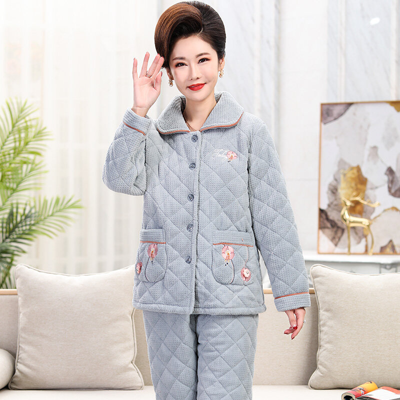 Women thick three-layer pyjamas big yards 3XL quilted pajamas winter thicken small flower tracksuit peignoir home