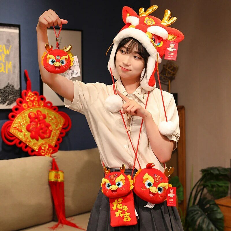 2024 Chinese New Year Decorations Cute Dragon Plush Pendant Lion Dance Hat Zero Wallet Lovely Stuffed Mascot Doll