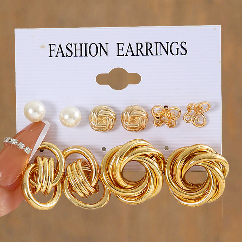 Ensemble de boucles d'oreilles géométriques couleur or pour femmes, Vintage élégant papillon perle rond boucles d'oreilles ensemble bijoux de fête tendance 2022