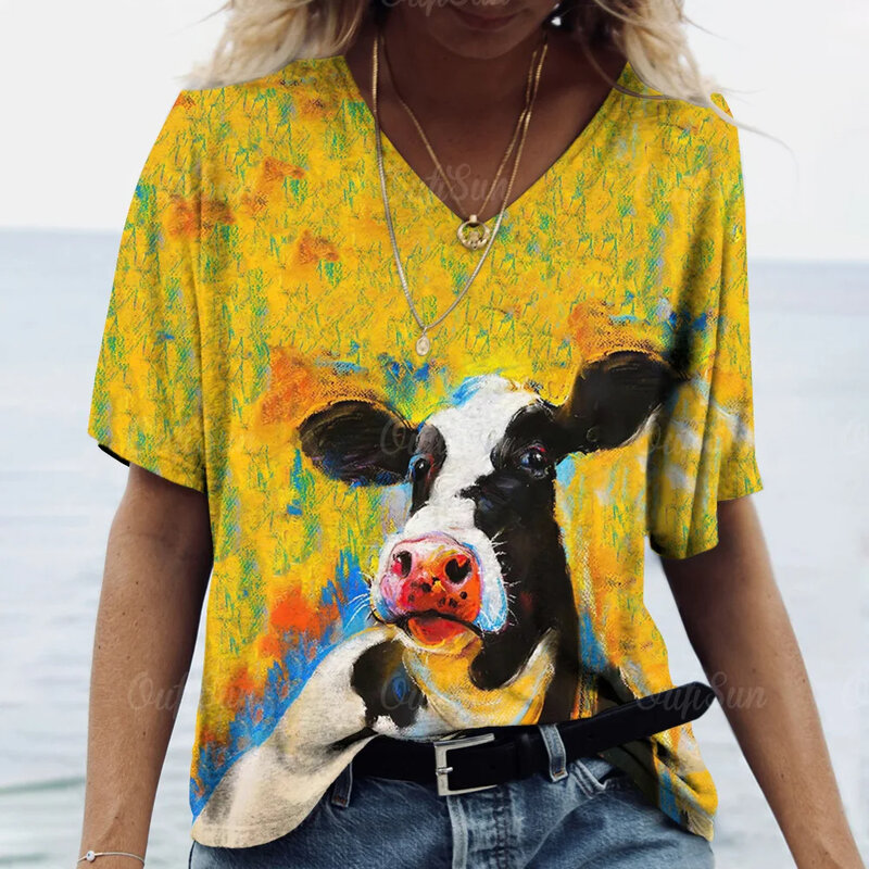 T-shirt manches courtes col en V femme, streetwear estival et décontracté, avec impression graphique 3D de bétail, à la mode