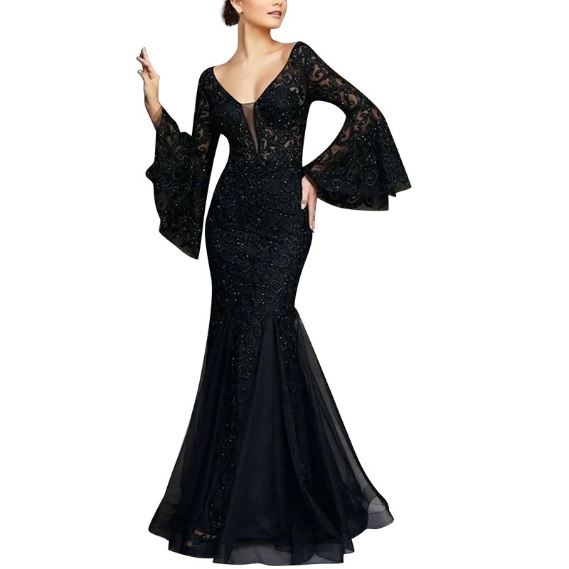 Suknie dla kobiet 2024 kobiet Sexy V z dekoltem, bez ramienia suknia wieczorowa Fishtail Maxi sukienka kobiece koronkowa suknia sukienki imprezowe