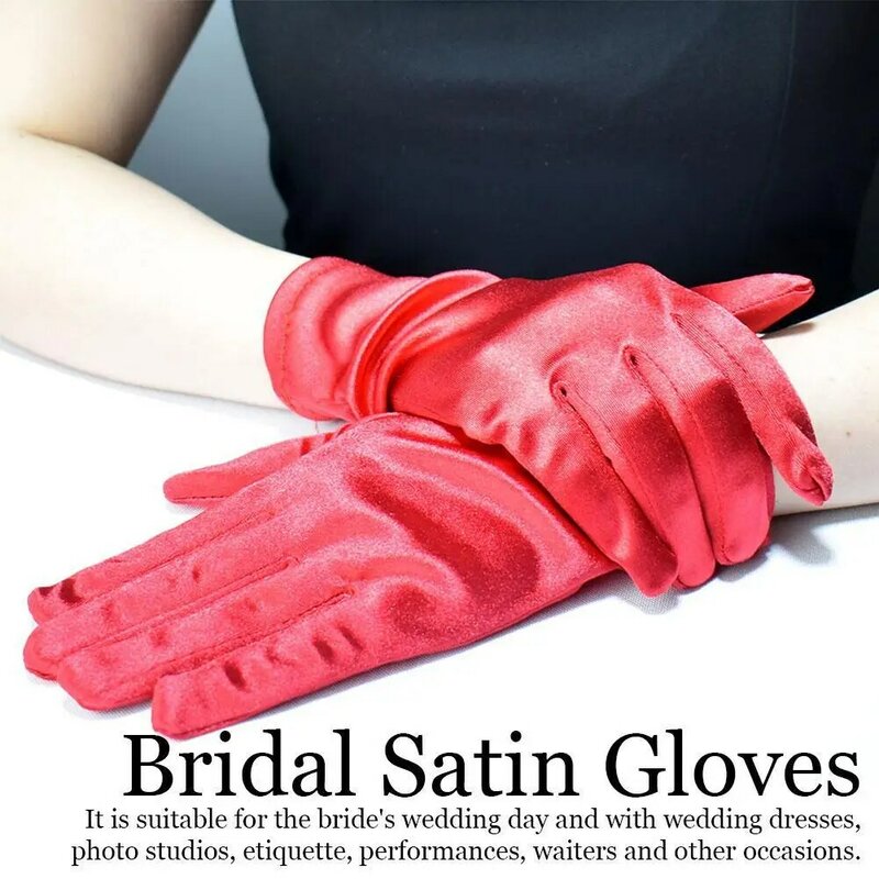 Sarung tangan pergelangan pendek Satin wanita sarung tangan pesta kostum melar penuh etiket jari acara Prom warna pernikahan pengantin D2C5