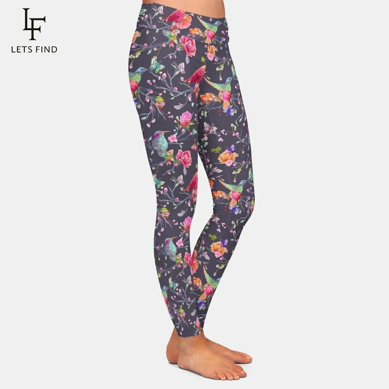 LETSFIND ptaki motyle i kwiaty druk cyfrowy kobiety legginsy z wysokim stanem wysoka elastyczna miękka spodnie do fitnessu