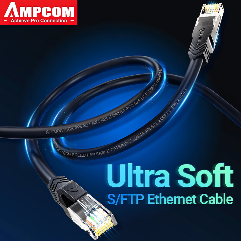 AMPCOM 울트라 플렉시블 네트워크 케이블, 라우터 모뎀 PC용 고속 이더넷 LAN 케이블, CAT 6A 울트라 소프트 10Gbps RJ45 Cat6a