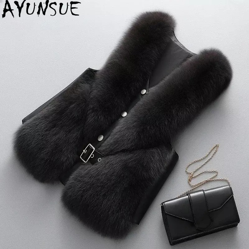AYUNSUE-Casaco de pele Real Fox para mulheres, casaco sem mangas, colete de pele, alta qualidade, luxo, inverno, 2023