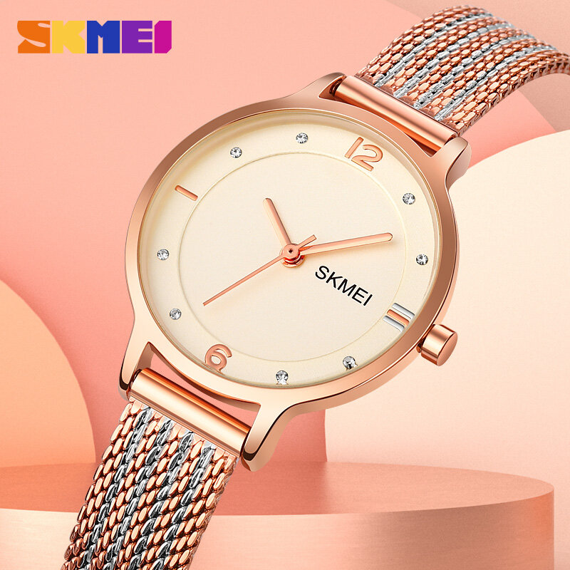 SKMEI Elegant Watch for Women Fashion Mesh Belt Quartz Wrist Watches Casual Simple Ladies Daily Dress Bracelet Waterproof