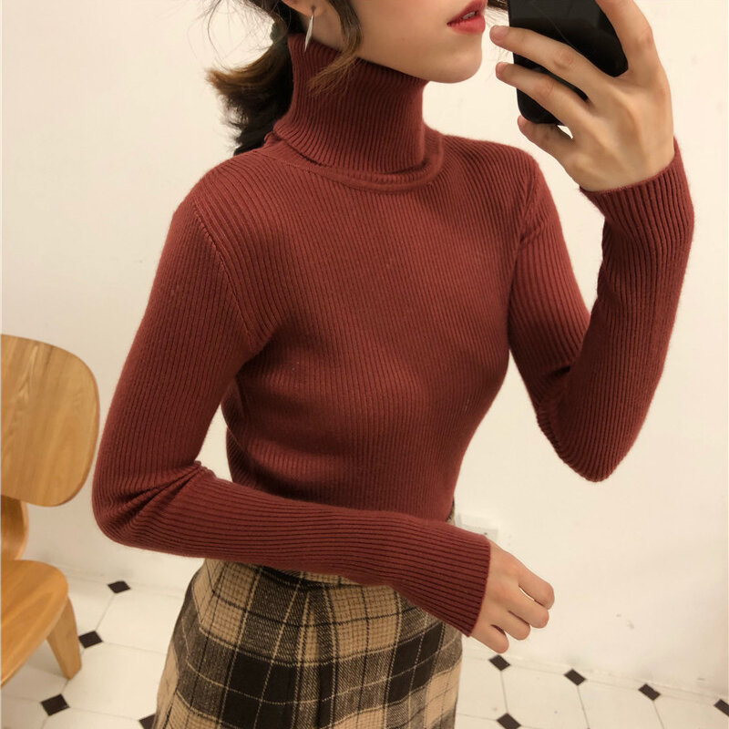 Autumn Winter Korean Women Pullover Sweaters Slim Women Turtleneck Basic Tops Casual New Knitted Sweater Soft Warm Jumper 8069