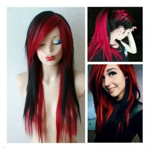 Sprzedaż hurtowa szczegóły dotyczące damskich Ultra peruka z prostymi włosami czarnych peruk z mieszanym czerwonym z długich włosów blond tęczowym Emo