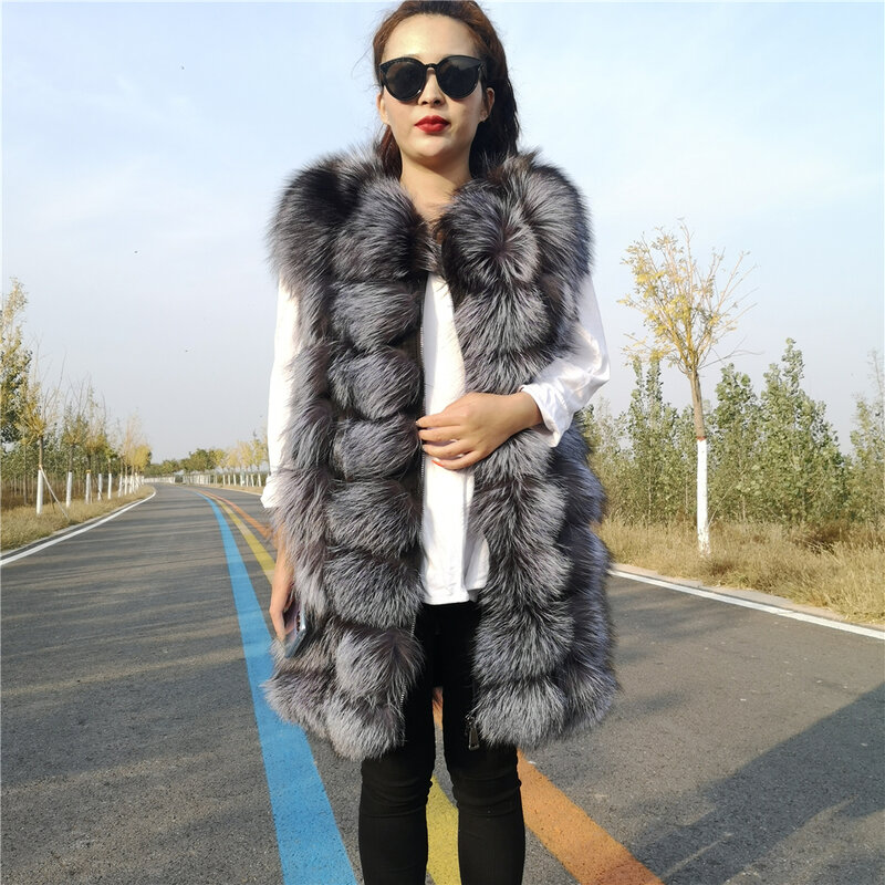 Real Natural Silver Fox Fur Vest Women Plus Size Long Vest Winter Sleeveless Jacket Female Red Fox Fur Vests