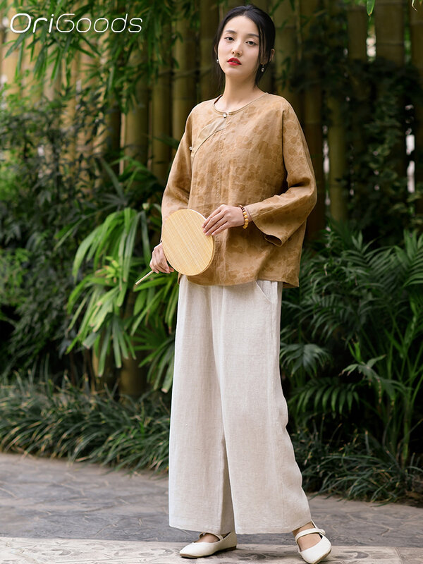 OriGoods Linen 100% Blouse Women 2024 Spring Summer New Linen Shirt Chinese National style Elegant Print Blouse Tops Q074