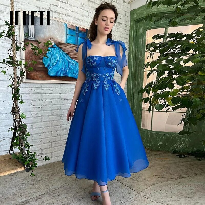 JEHETH Royal Blue Organza Prom Dress Bow Straps Butterfly Appliques 발목 길이 A-Line Square Neck Formal Party 이브닝 가운