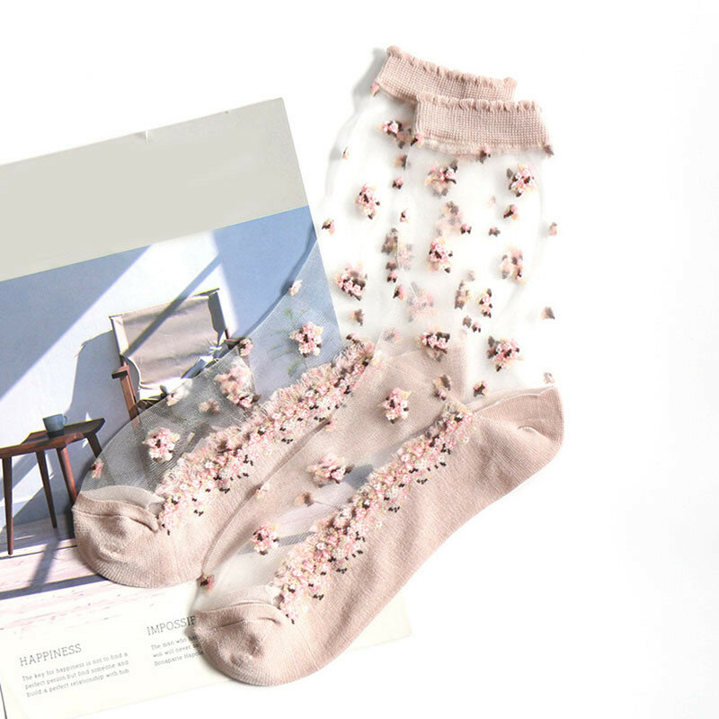 Calcetines de verano transpirables y ultrafinos para mujer, medias cortas elásticas con encaje transparente de seda y cristal rosa, 1 par