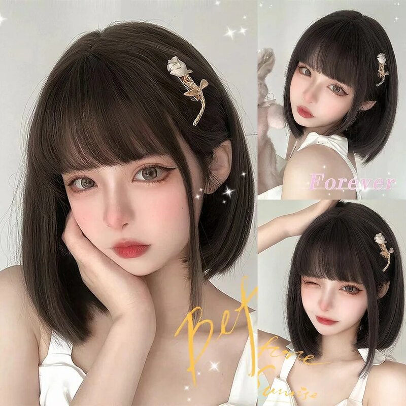 12Inch Natural Black Synthetic Wigs With Bang Short Natural Straight Hair Wig For Women Daily Use Cosplay Heat Resistant Lolita