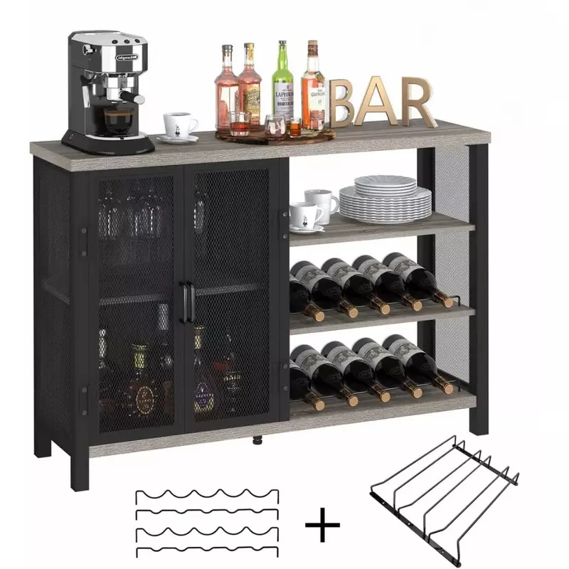 Armoire de bar à la maison rustique avec vin T1, armoire de bar à café avec rangement, chêne gris, 47 po, français