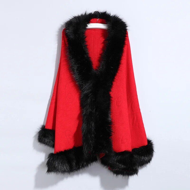 Manteau en tricot avec col en fourrure de renard pour femme, cape monochrome, vêtements d'extérieur chauds décontractés, nouvelle collection, hiver 2023