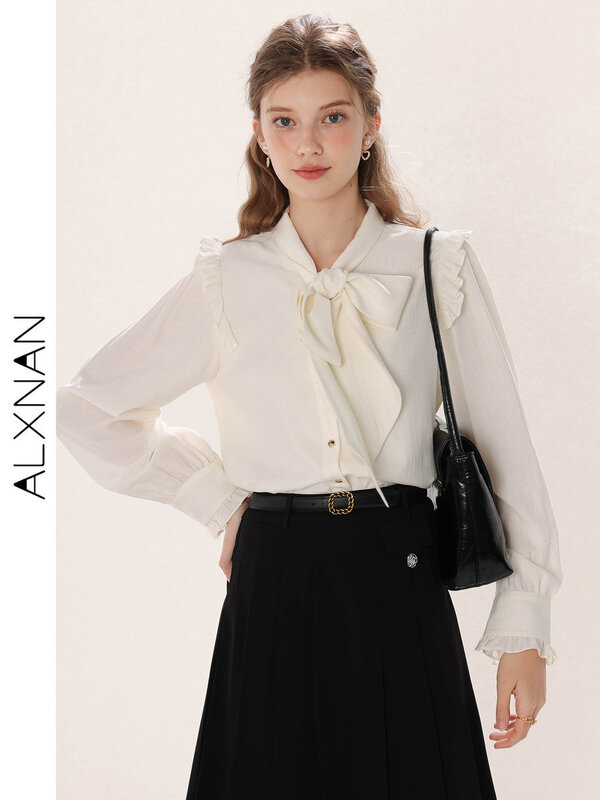 ALXNAN Temperament White Shirt for Women 2024 Spring Shoulder Fungus Edge Bow Turn-down Collar Ruffle Sleeves Casual Top TM00232