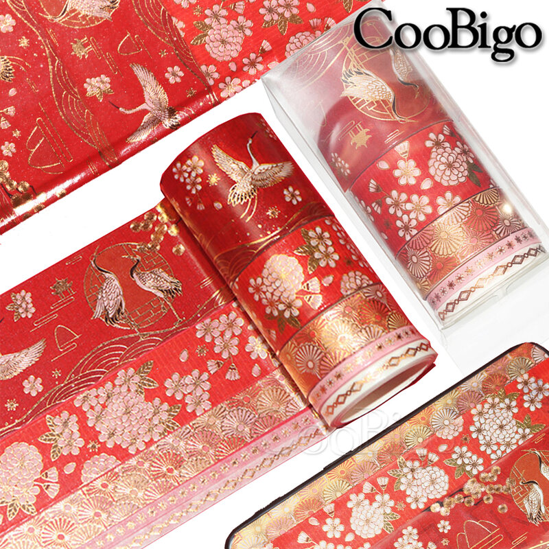Conjunto de fita de washi fita adesiva decorativa fita adesiva scrapbooking adesivo adesivo papelaria diário chinês vermelho estilo 5 rolos/lote