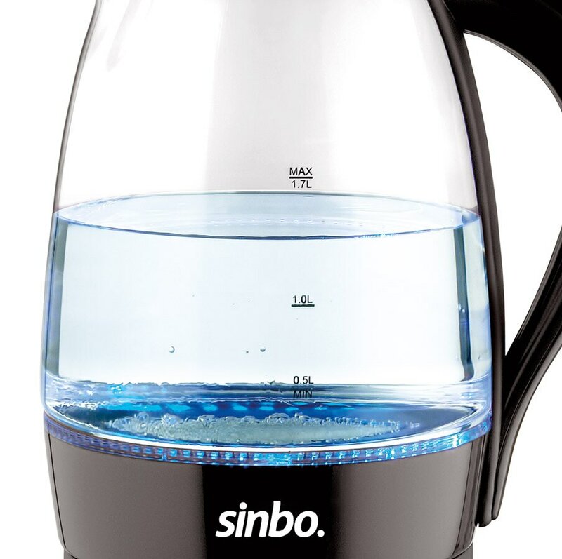 Sinbo Cordless czarne szkło czajnik (1.7L) bojler na wodę automatyczne wyłączanie utrzymuj ciepło wskaźnik poziomu wody bezpieczeństwo 360 ° funkcja obrotowa