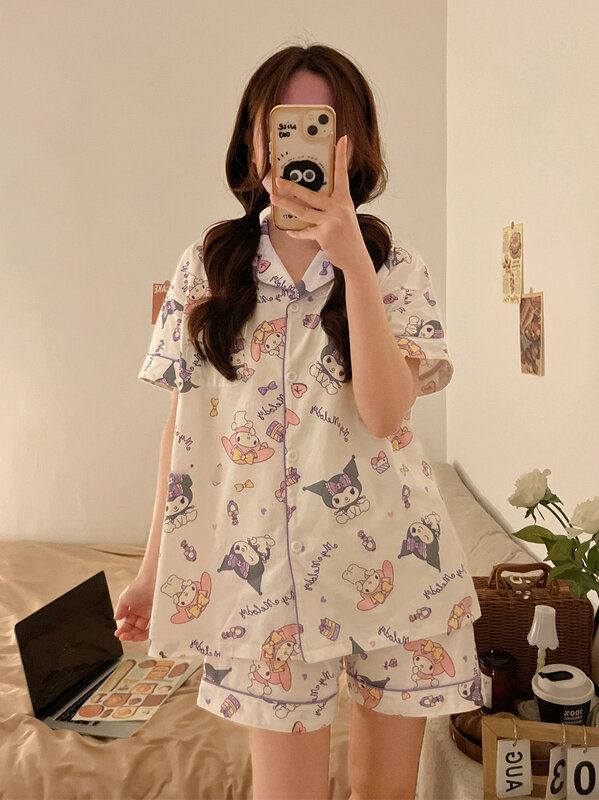 Nowa piżama Sanrio Kuromi melodia damska wiosenna słodka koreańska modny nadruk bielizna nocna z długim rękawem kreskówka zestaw piżamy do domu Y2k